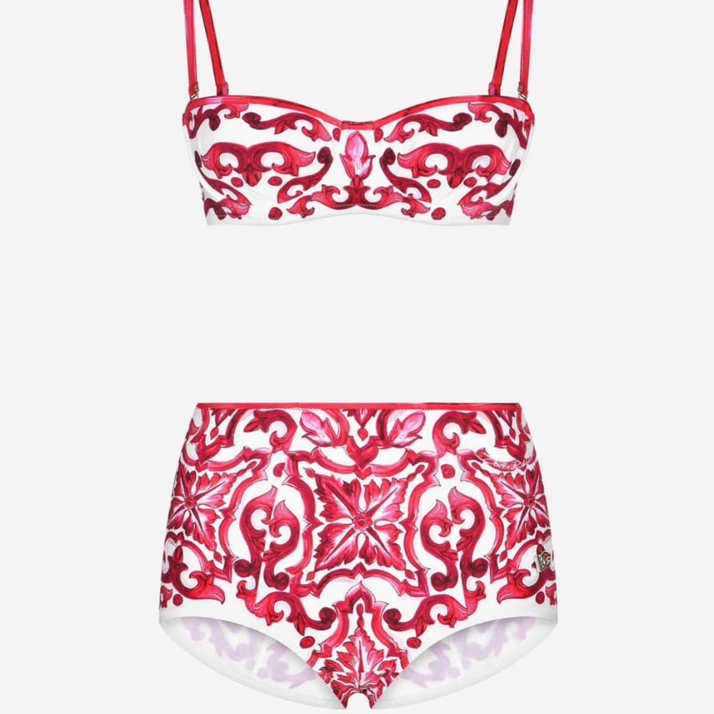 Dolce & Gabanna Majolica Print Balconette Bikini Top and Bottoms - Red